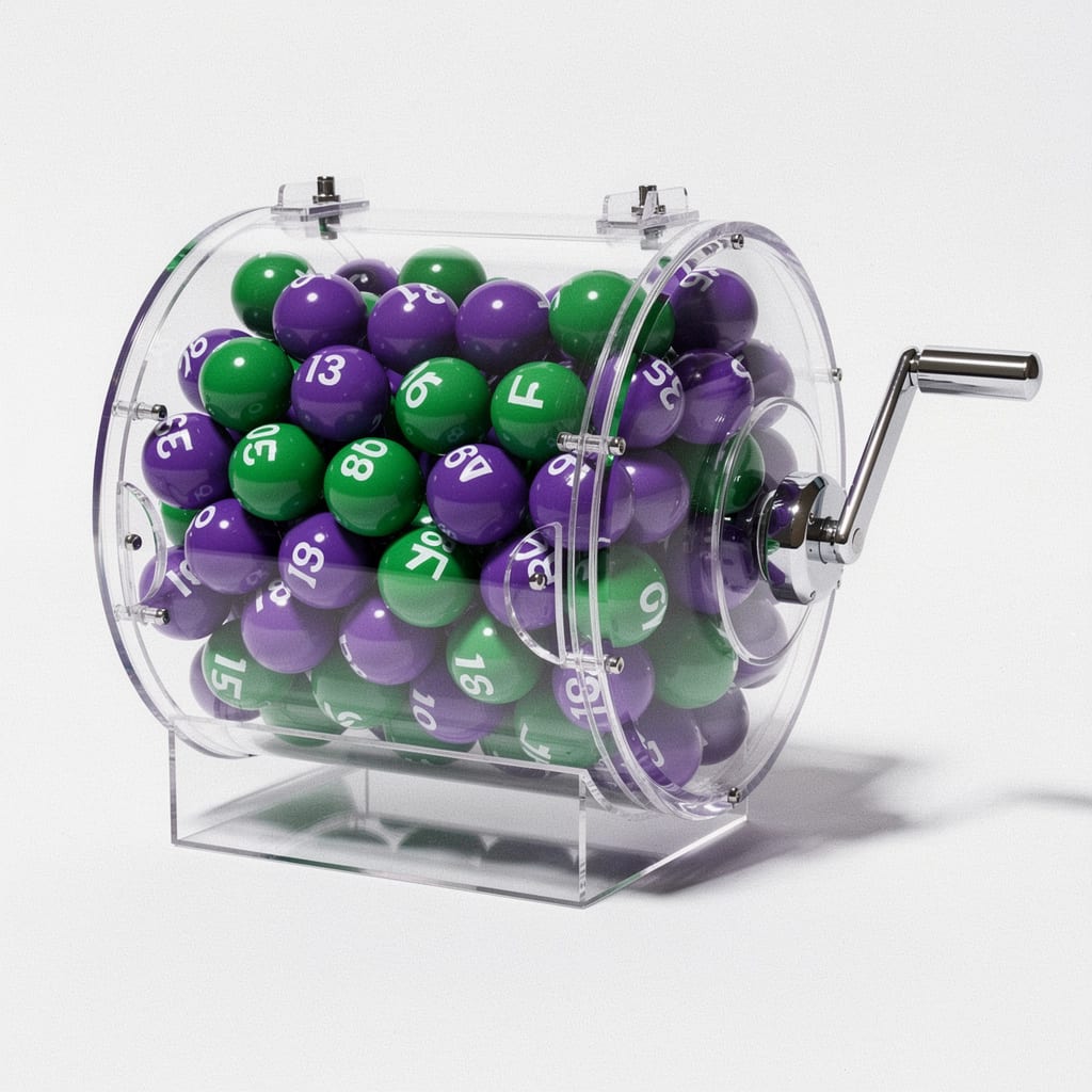 A clear acrylic lottery drum holding green and violet balls, isolated on white.