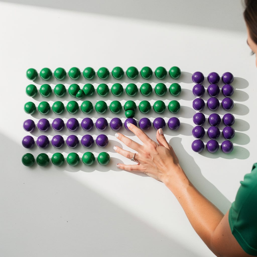 Hands sorting green and violet lottery balls into neat rows on a white table.